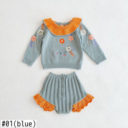 長袖セットアップ ベビー セットアップ ニット フラワー 刺繍 セーター トップス フリル パンツ【mh0000375】