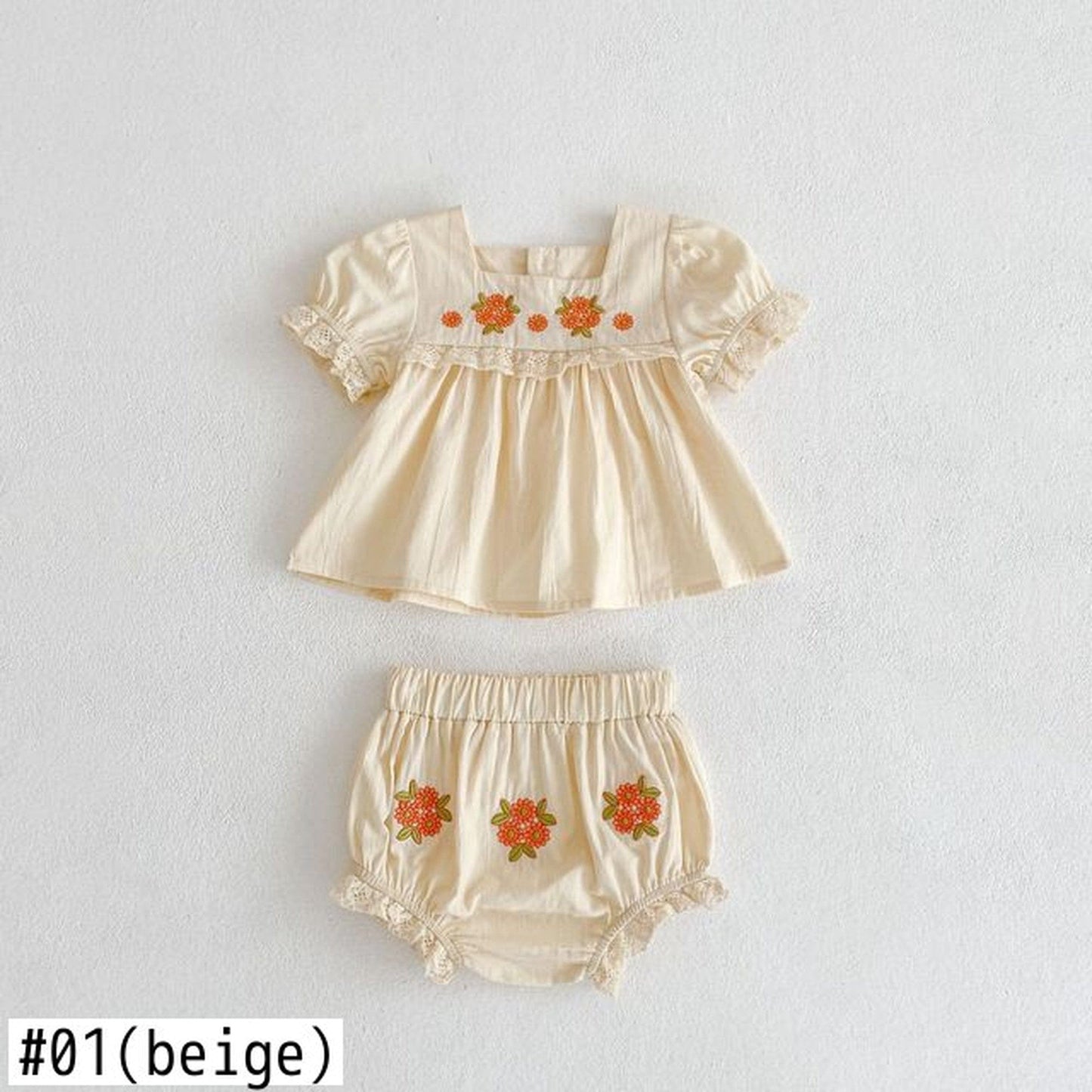 半袖セットアップ ベビー フラワー 刺繍 セットアップ 半袖 ブラウス ブルマ パンツ【mh0000799】
