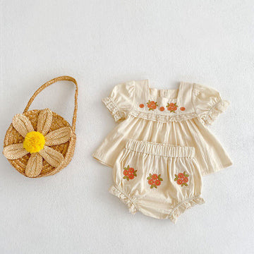 半袖セットアップ ベビー フラワー 刺繍 セットアップ 半袖 ブラウス ブルマ パンツ【mh0000799】