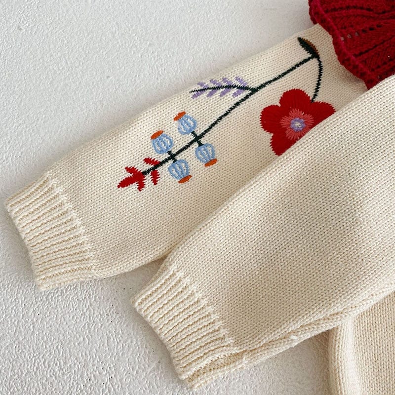 長袖セットアップ ベビー ニット セットアップ フラワー 刺繍 フリル セーター ショートパンツ ブルマ【mh0000964】