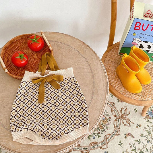 ノースリーブロンパース ベビー ニット 北欧風 サスペンダー ロンパース【mh0000983】