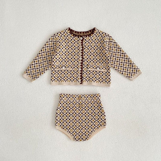 カーディガン・パーカー ベビー レトロフラワー ニット 長袖 カーディガン ジャケット ブルマ パンツ【mh0001040】