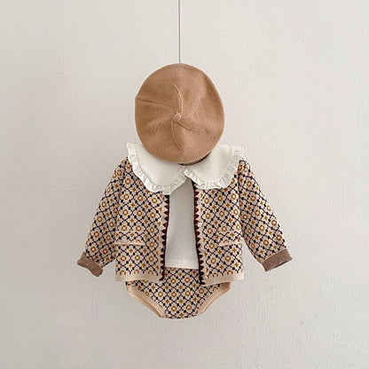 カーディガン・パーカー ベビー レトロフラワー ニット 長袖 カーディガン ジャケット ブルマ パンツ【mh0001040】