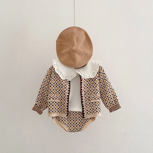 カーディガン・パーカー ベビー レトロフラワー ニット 長袖 カーディガン ジャケット ブルマ パンツ【mh0001040】