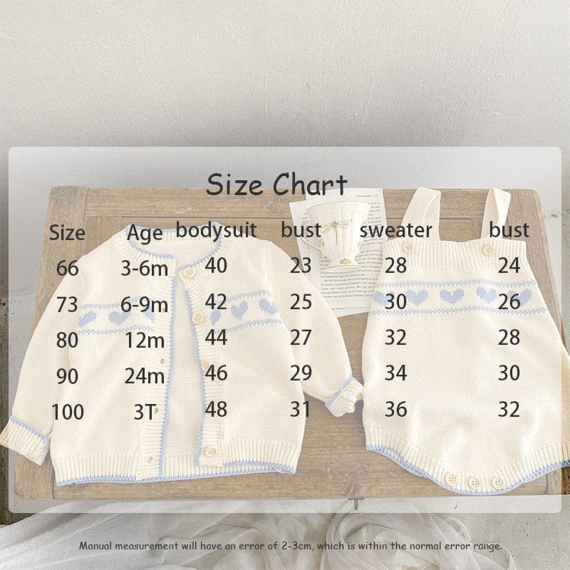 ロンパースセットアップ ベビー ニット セットアップ ブルー ハート カーディガン サスペンダー ロンパース【mh0001136】