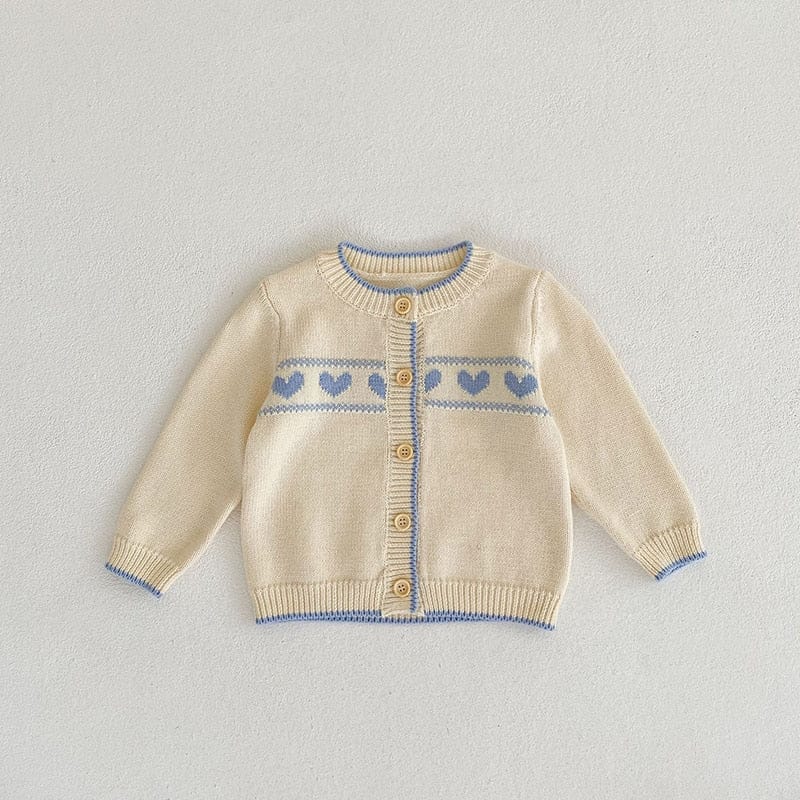 ロンパースセットアップ ベビー ニット セットアップ ブルー ハート カーディガン サスペンダー ロンパース【mh0001136】