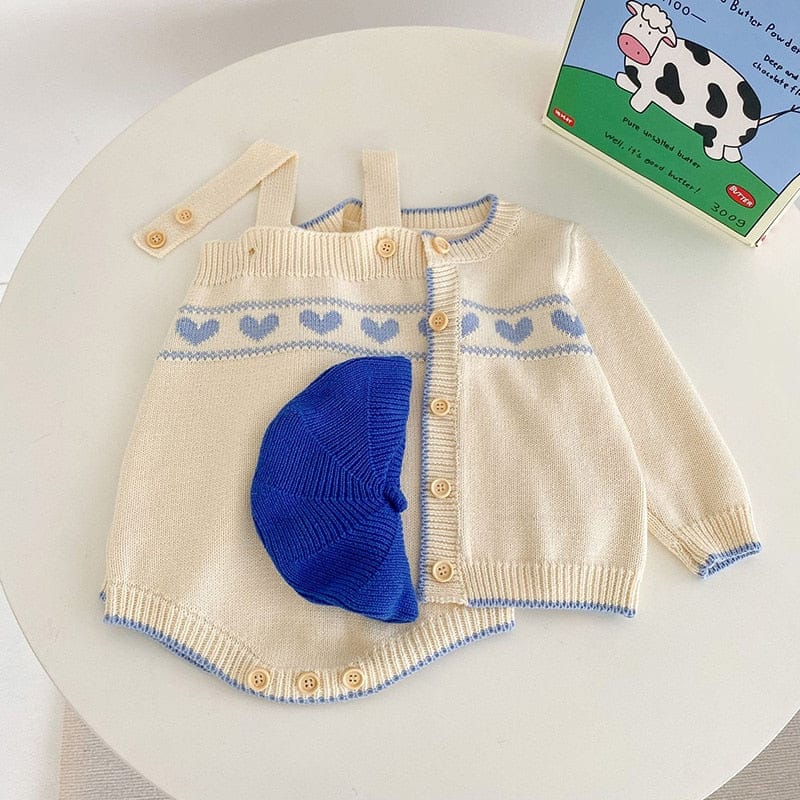 ロンパースセットアップ ベビー ニット セットアップ ブルー ハート カーディガン サスペンダー ロンパース【mh0001136】