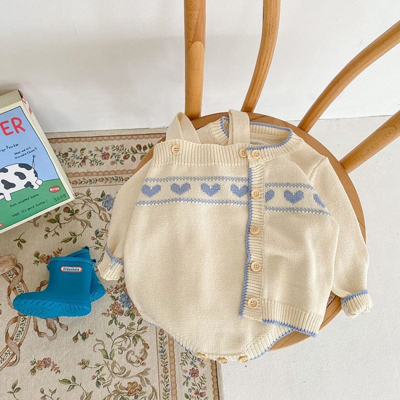 ロンパースセットアップ ベビー ニット セットアップ ブルー ハート カーディガン サスペンダー ロンパース【mh0001136】