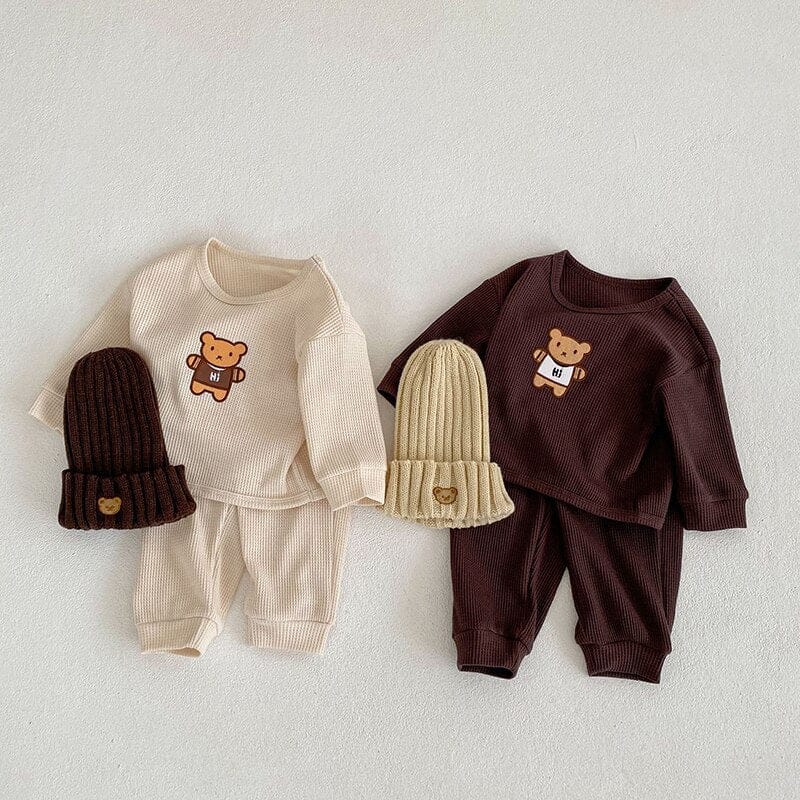 長袖セットアップ ベビー ワッフル セットアップ くま ベア 長袖 トップス パンツ【mh0001224】
