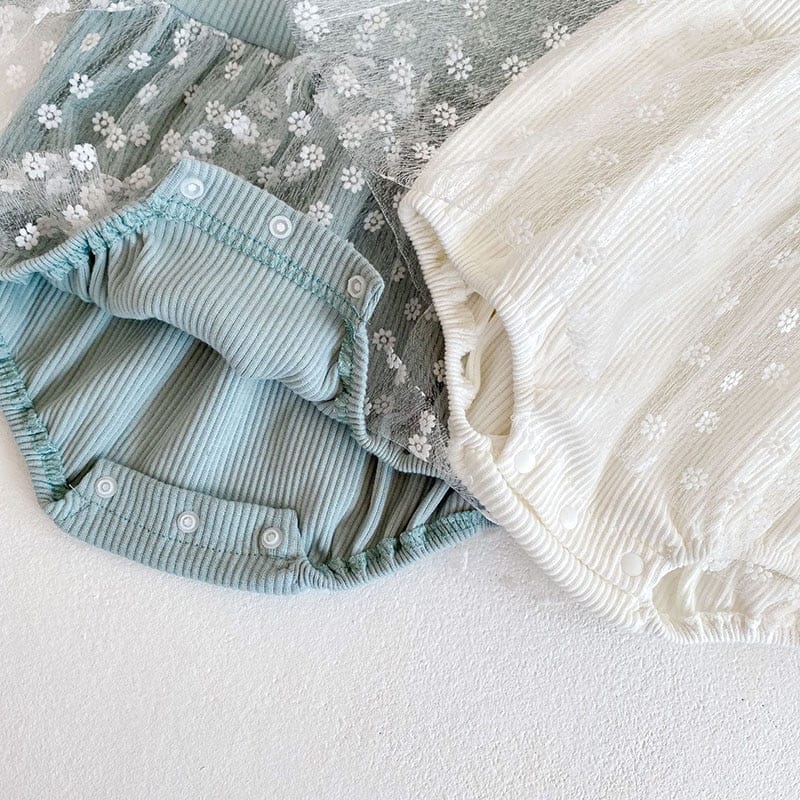 長袖ロンパース ベビー チュールレース フラワー スカート ロンパース リボン ヘアバンド セット【mh0001437】