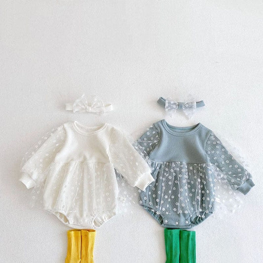 長袖ロンパース ベビー チュールレース フラワー スカート ロンパース リボン ヘアバンド セット【mh0001437】