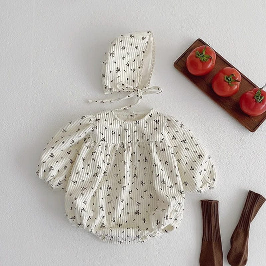 長袖ロンパース ベビー コーデュロイ フラワー 長袖 ロンパース ボンネット セット【mh0001439】