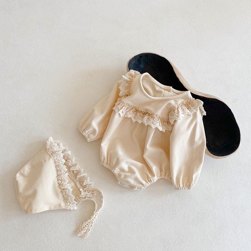長袖ロンパース ベビー レース フリル 長袖 ロンパース ボンネット 帽子 セット【mh0001920】