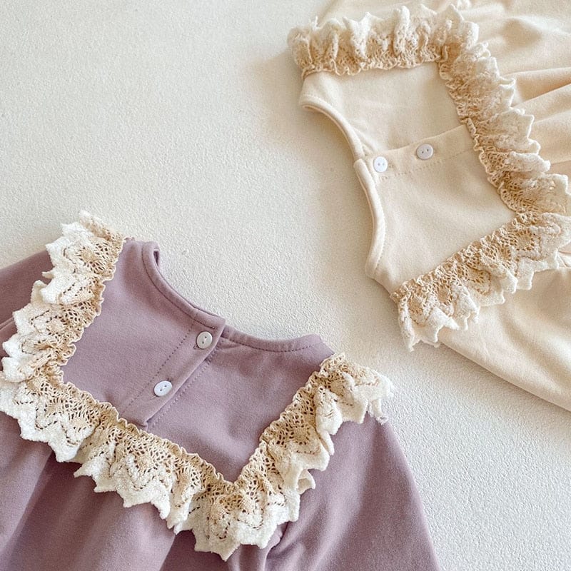 長袖ロンパース ベビー レース フリル 長袖 ロンパース ボンネット 帽子 セット【mh0001920】