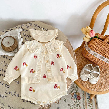 ロンパースセットアップ ベビー カーディガン サスペンダーローンパース 単品 セット ニット キノコ🍄 刺繍 レース襟 セットアップ ベージュ ガールズ 女の子【mh0002828】