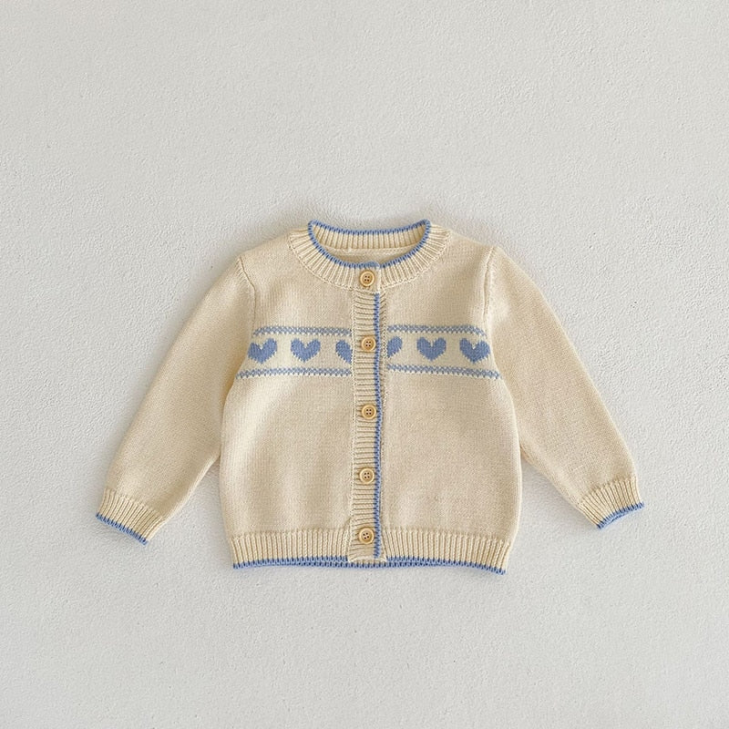 ロンパースセットアップ Sweater / 6M 66cm ベビー ニット セットアップ ブルー ハート カーディガン サスペンダー ロンパース【mh0001136】