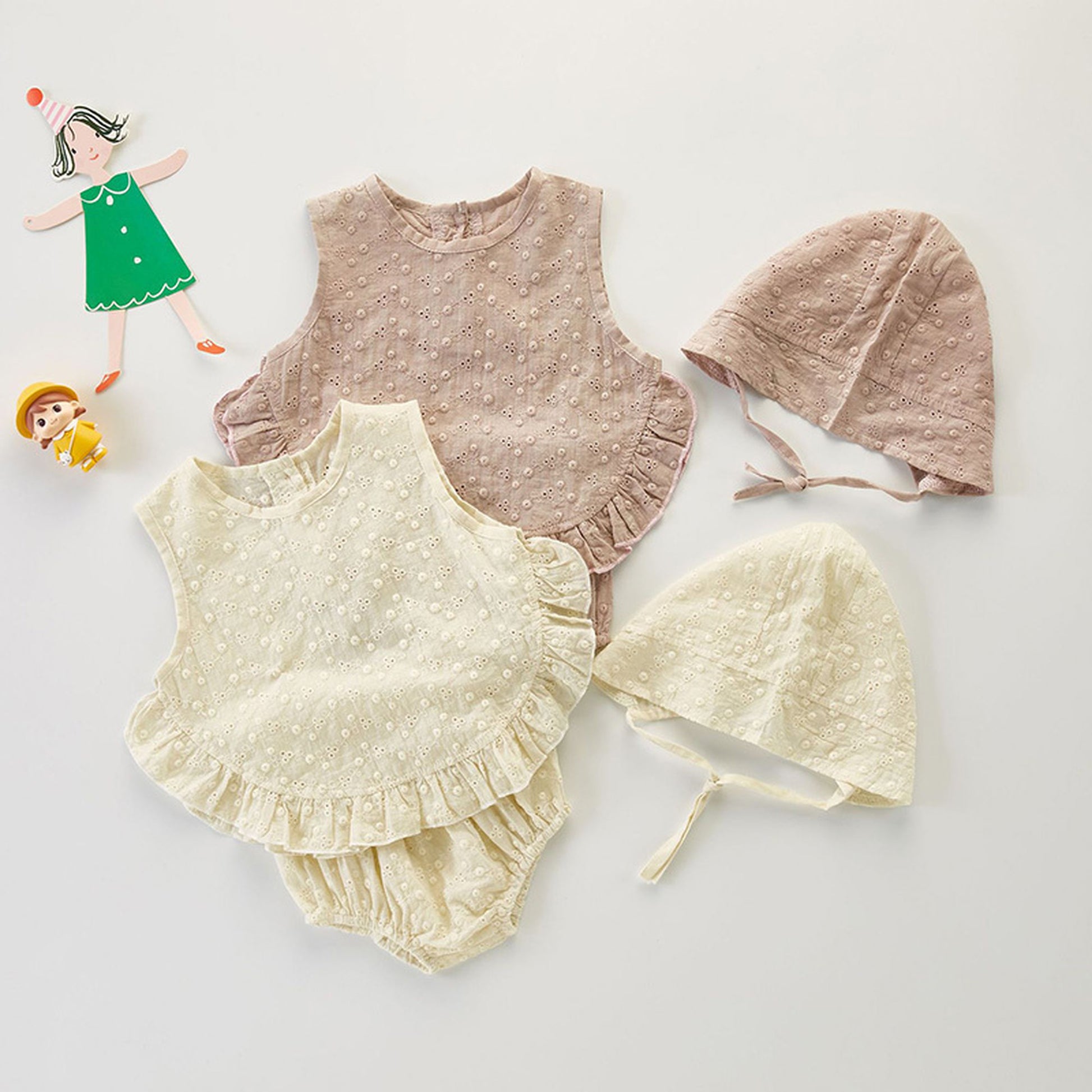 -ベビー セットアップ ノースリーブ ブラウス ブルマ パンツ ボンネット 帽子 - mamahalo shop - ノースリーブセットアップ -  べビー服 - 子供服 - 男の子 - 女の子