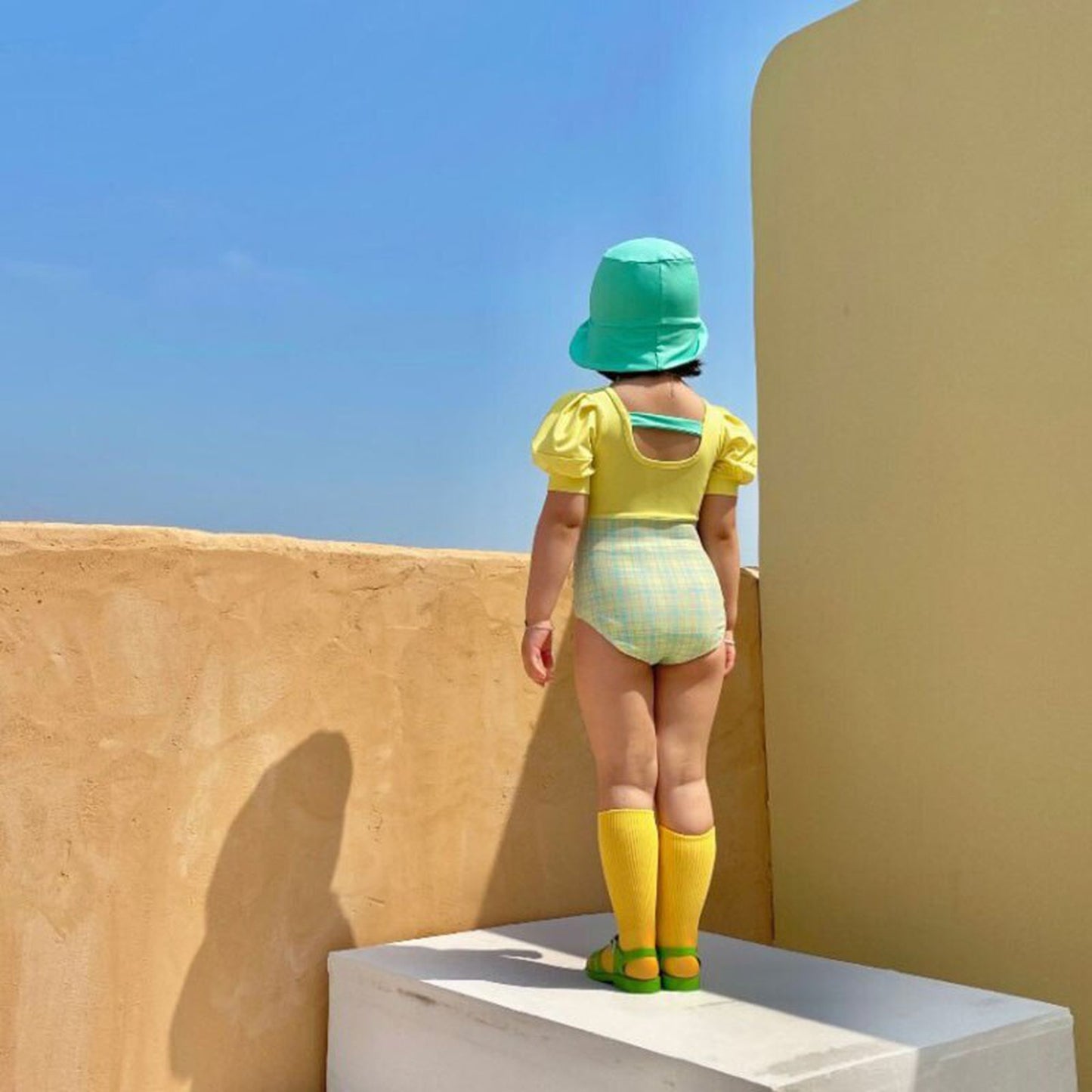 -キッズ チェック ドッキング パフスリーブ 半袖 ワンピース 水着 帽子 セット スイムスーツ【mh0000710】 - mamahalo shop - ベビー用水着 -  べビー服 - 子供服 - 男の子 - 女の子