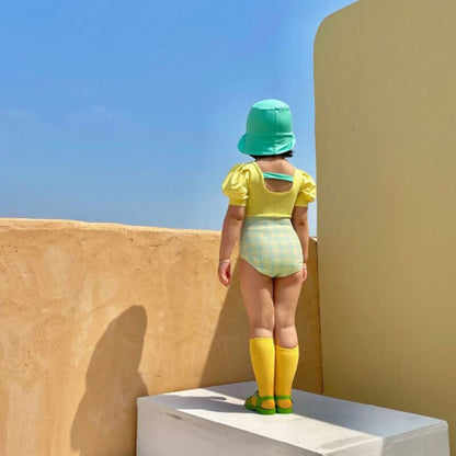 -キッズ チェック ドッキング パフスリーブ 半袖 ワンピース 水着 帽子 セット スイムスーツ【mh0000710】 - mamahalo shop - ベビー用水着 -  べビー服 - 子供服 - 男の子 - 女の子