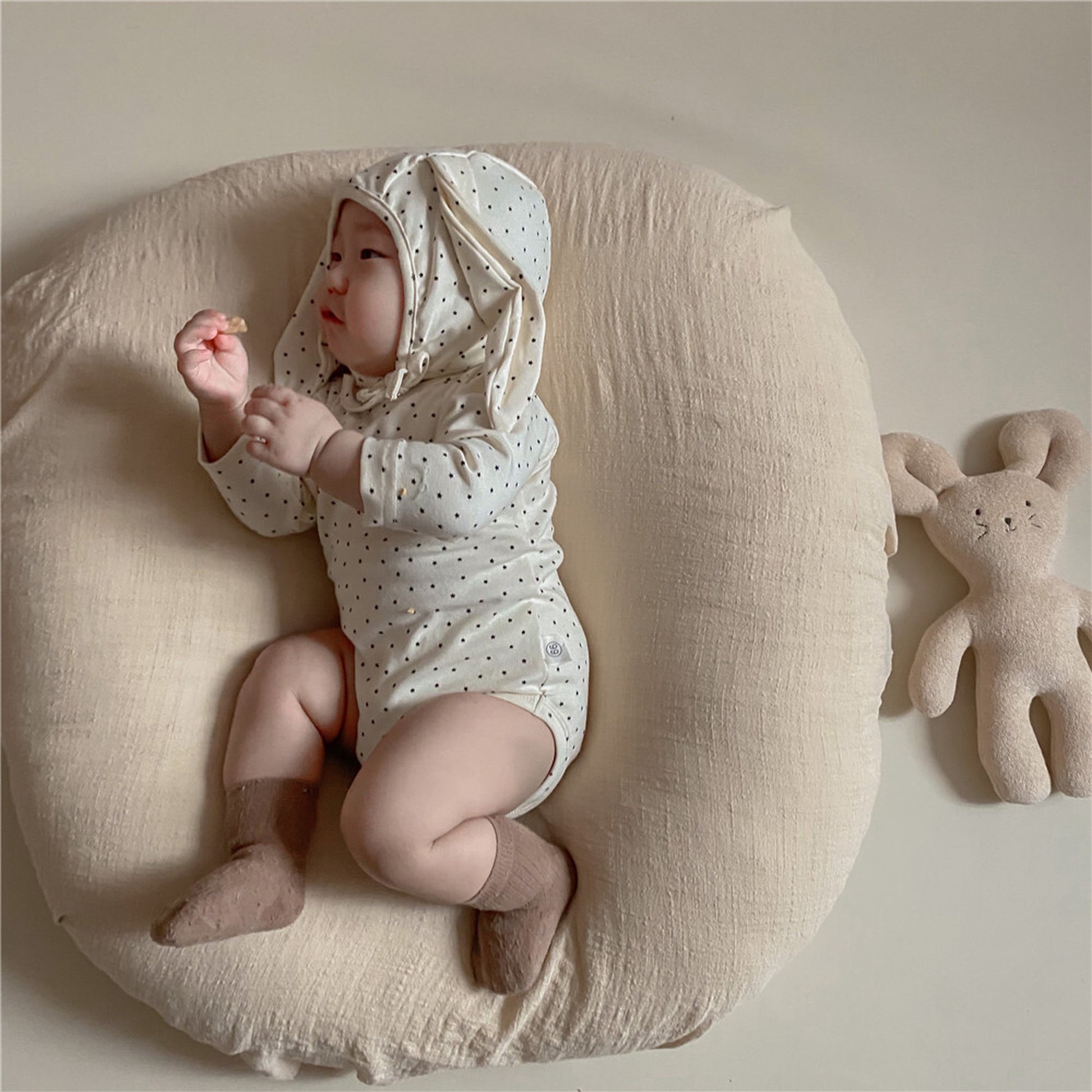 -ベビーロンパース 帽子セット みずたま水玉 長袖ボディスーツうさ耳帽子【mh0000209】 - mamahalo shop - 長袖ロンパース -  べビー服 - 子供服 - 男の子 - 女の子