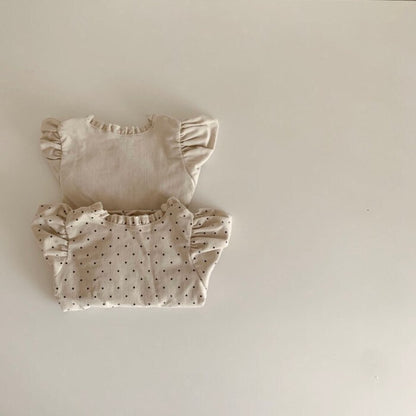 -☺︎ ベビートップス 長袖パフスリーブブラウス  ベージュ/水玉ドットプリント - mamahalo shop - 長袖Tシャツ -  べビー服 - 子供服 - 男の子 - 女の子