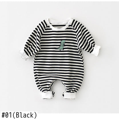 -ベビー ボーダー 恐竜 刺繍 ロンパース【mh0000372】 - mamahalo shop - 長袖ロンパース -  べビー服 - 子供服 - 男の子 - 女の子