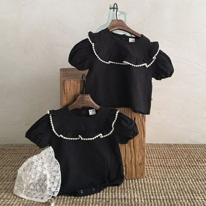 -ベビー フリルカラー 半袖 パフスリーブ ロンパース - mamahalo shop - 半袖ロンパース -  べビー服 - 子供服 - 男の子 - 女の子