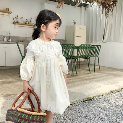-キッズワンピース レース ドレス 長袖ワンピース ベージュ - mamahalo shop - 長袖ワンピース -  べビー服 - 子供服 - 男の子 - 女の子