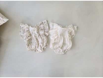 -ベビー ラッフルフリル バタフライスリーブ フラワー 無地 ロンパース - mamahalo shop - 半袖ロンパース -  べビー服 - 子供服 - 男の子 - 女の子