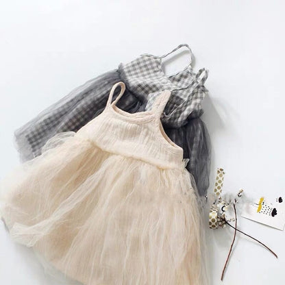 ノースリーブワンピース キッズ チュチュスカート ドッキング チェック 無地 キャミソール ワンピース【mh0000871】
