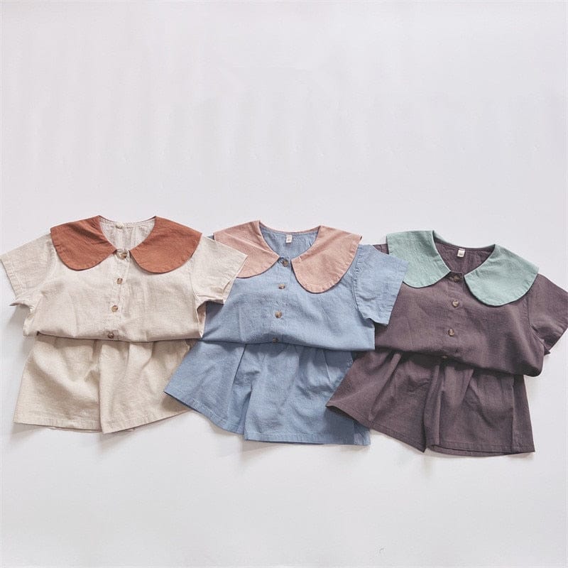 半袖セットアップ キッズ セットアップ 丸襟 半袖 シャツ ブラウス ショートパンツ ベージュ ブルー グレー ユニセックス【mh0002058】