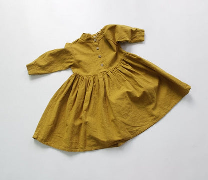 長袖ワンピース Yellow / 3T 90cm キッズ コットン リネン 長袖ワンピース【mh0000012】