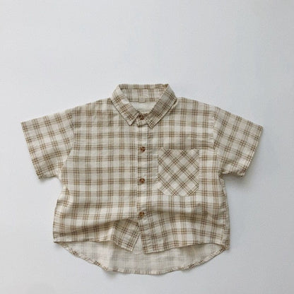 半袖シャツ・ブラウス Beige Shirts / 12M/80cm キッズ チェック 半袖 シャツ ルーズ パンツ【mh0001113】