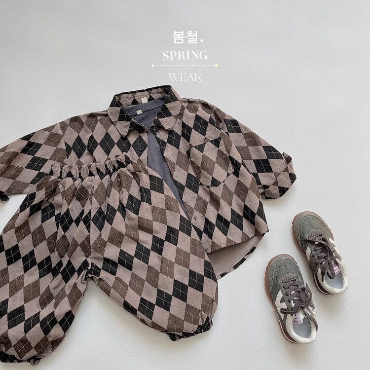 ロングパンツ・スウェットパンツ キッズ アーガイル チェック 長袖 シャツ ブラウス ルーズ パンツ【mh0001244】