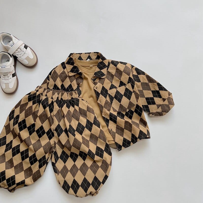 ロングパンツ・スウェットパンツ キッズ アーガイル チェック 長袖 シャツ ブラウス ルーズ パンツ【mh0001244】