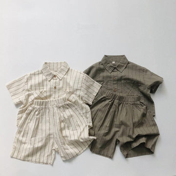 ハーフパンツ・ショートパンツ キッズ コットンリネン ストライプ 半袖 シャツ ショートパンツ ベージュ アーミーグリーン ボーイズ【mh0002095】