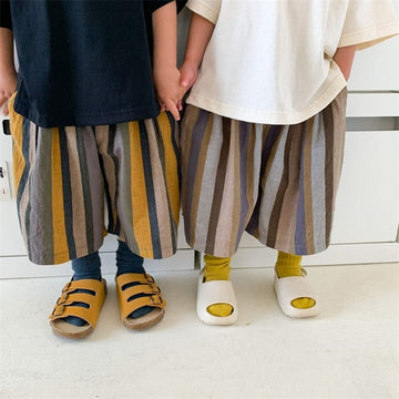 ロングパンツ・スウェットパンツ キッズ ストライプ ルーズ ワイド 半端丈 ガウチョ クロップドパンツ【mh0001691】