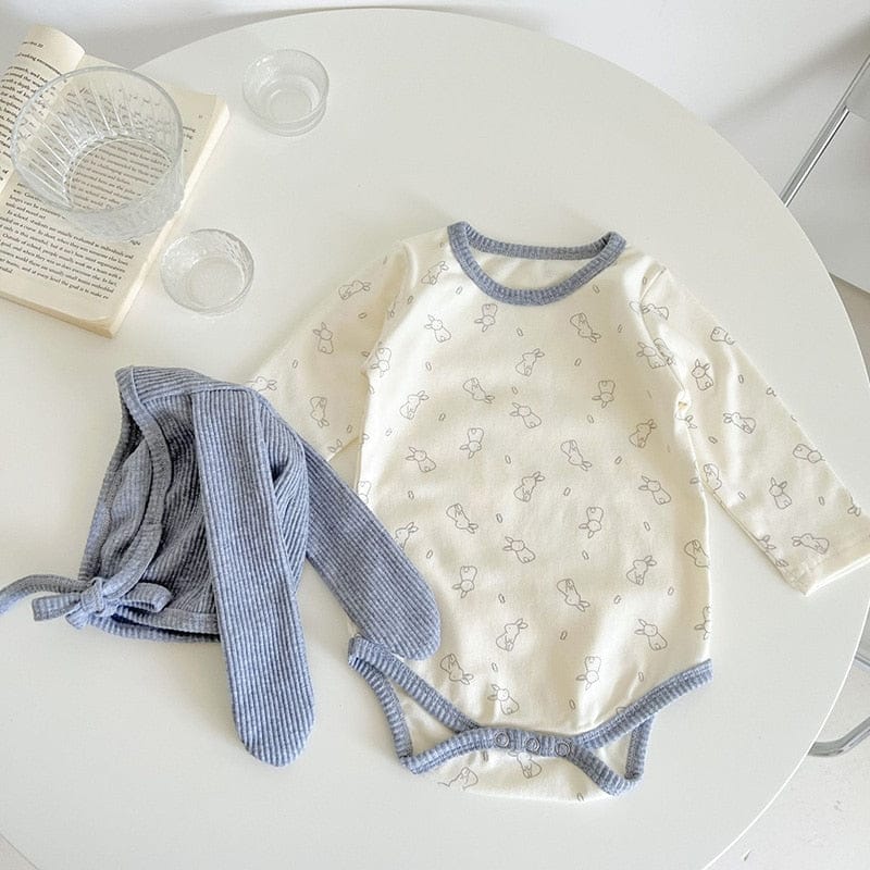 長袖ロンパース ベビー バニー うさぎ 長袖 ロンパース うさ耳 ボンネット 帽子 セット【mh0001012】