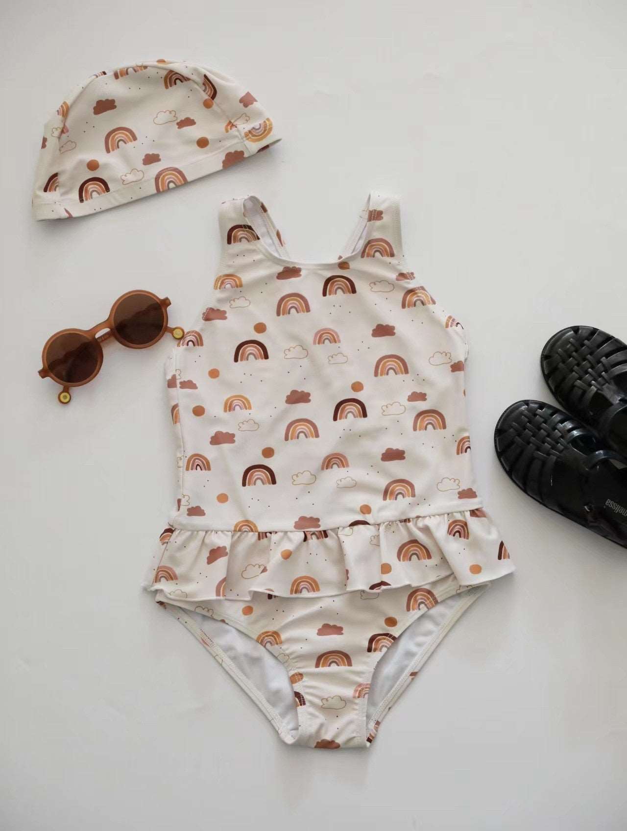 ベビー用水着 キッズ ガールズ 女の子 ワンピース 水着 スイムウェア ラッシュガード 帽子 セット【mh0001414】