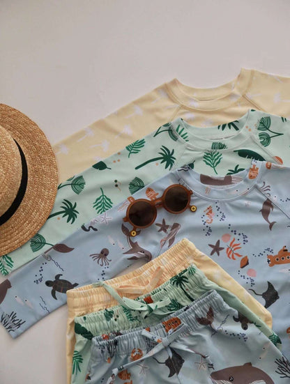 ベビー用水着 キッズ ボーイズ 男の子 セパレート 水着 スイムウェア ラッシュガード 帽子 セット【mh0001415】