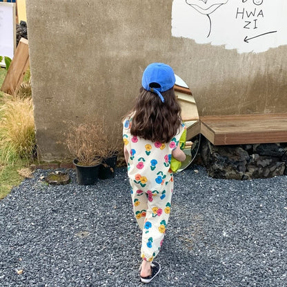 ノースリーブセットアップ キッズ レトロ フラワー セットアップ ノースリーブ タンクトップ Tシャツ ロング パンツ【mh0001644】