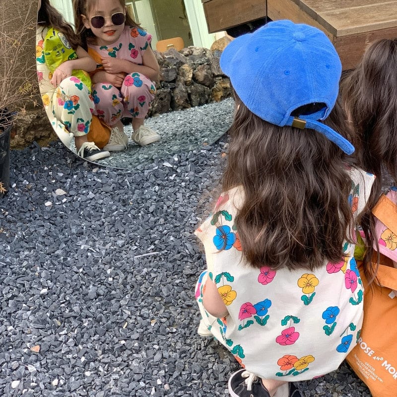 ノースリーブセットアップ キッズ レトロ フラワー セットアップ ノースリーブ タンクトップ Tシャツ ロング パンツ【mh0001644】