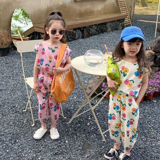 ノースリーブセットアップ キッズ レトロ フラワー セットアップ ノースリーブ タンクトップ Tシャツ ロング パンツ【mh0001644】