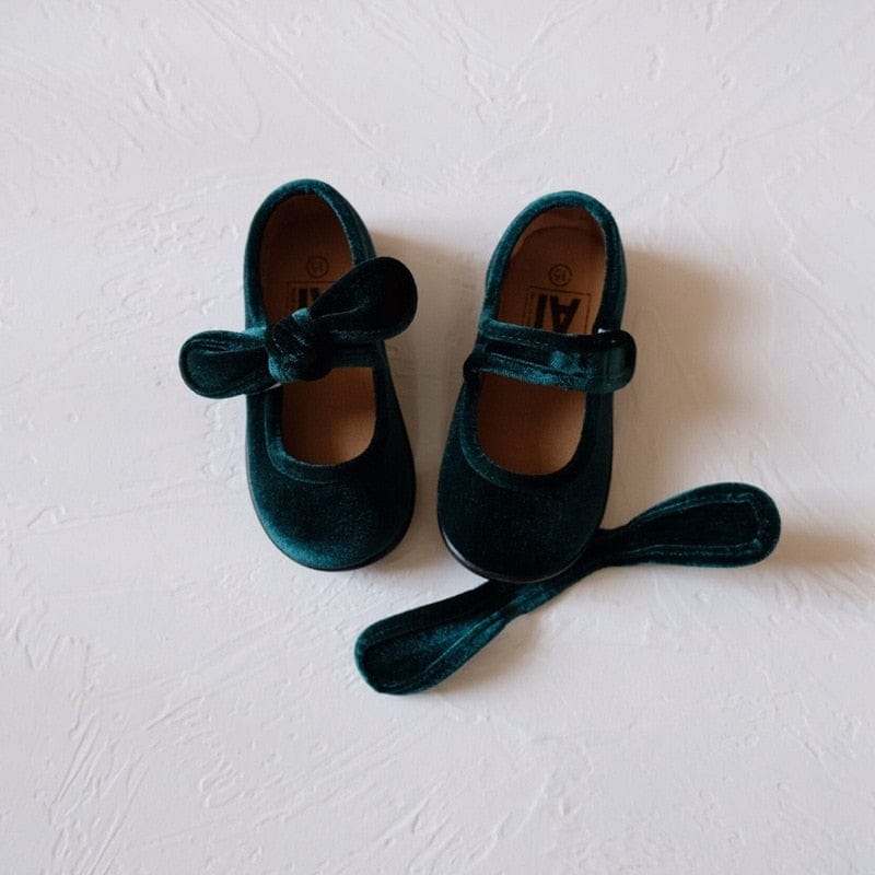 ベビー用靴 Blackish Green / 13 (length 13cm) ベビー キッズ ベロア リボン ストラップ シューズ フラット バレエシューズ【mh0001076】