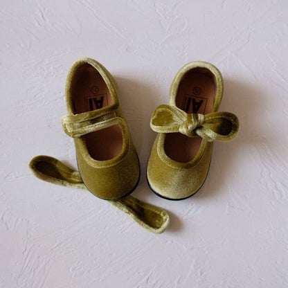 ベビー用靴 Mustard Yellow / 13 (length 13cm) ベビー キッズ ベロア リボン ストラップ シューズ フラット バレエシューズ【mh0001076】