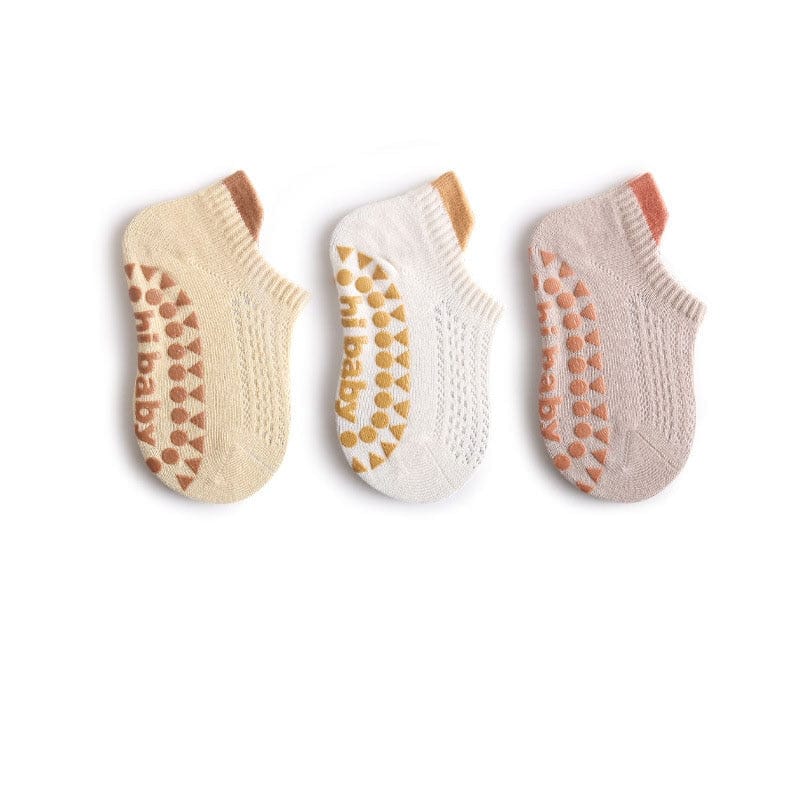 ベビー用靴下・タイツ Yellow Coffee / S for 0-1Y ベビー キッズ 滑り止め付き メッシュ アンクル ソックス 靴下 3足 セット【mh0001732】
