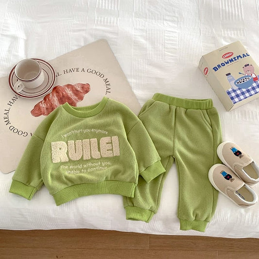 長袖セットアップ ベビー セットアップ スウェットトレーナー パンツ 刺繍レターロゴ グリーン ボーイズ 男の子