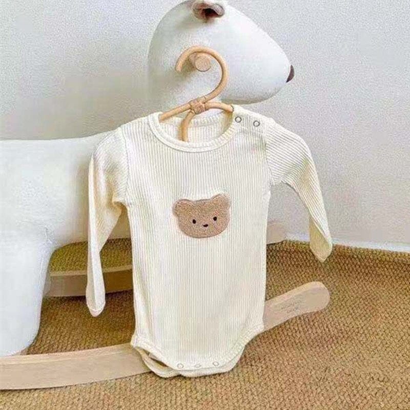 長袖ロンパース ベビー服 長袖 ロンパース くま ベア ワッペン 無地 ベージュ 男の子 女の子