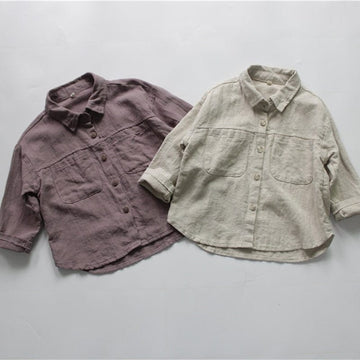 長袖シャツ・ブラウス キッズ服 長袖 シャツ トップス コットンリネン シンプル ベーシック 無地 ベージュ 紫 男の子