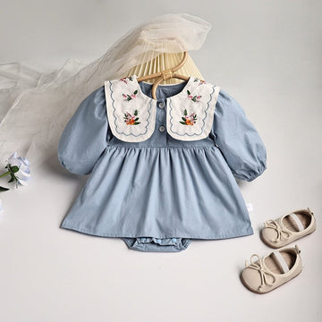 長袖ロンパース ☺︎ ベビー服 ワンピース ロンパース フラワー 長袖 刺繍 ビッグ襟 ガーリー 女の子